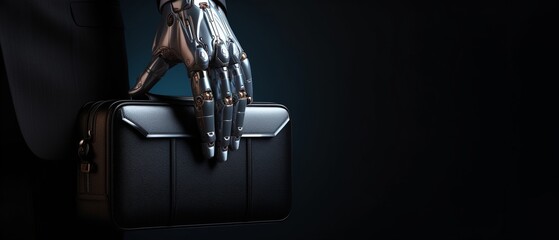 Artificial Intelligence Concept: Humanoid AI Robot Hand Holding a Briefcase Against Dark Background