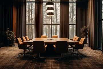 Fototapeta na wymiar Contemporary Meeting Space: Wooden Conference Table in Modern Room with Brown Walls and Carpet Flooring