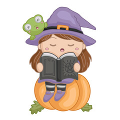 Cute Halloween Witch Kids and Frog Cartoon Illustration Vector Clipart Sticker Decoration