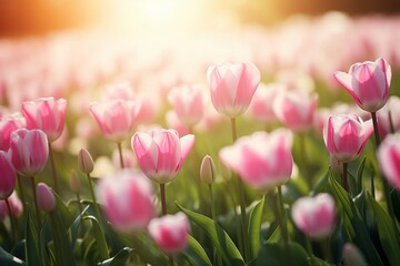 Spring Blossom: Pink and White Tulips Blooming in the Field