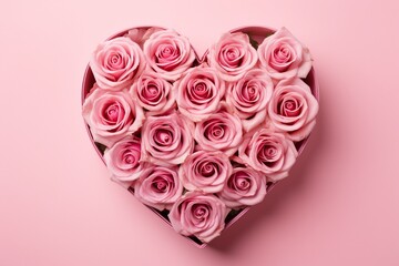 Heart-shaped Box of Pink Roses on Pink Background, Top View