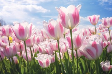 Spring Blossom: Pink and White Tulips Blooming in the Field