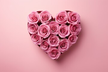 Heart-shaped Box of Pink Roses on Pink Background, Top View