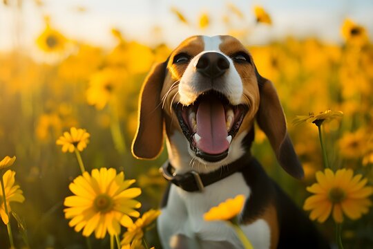 Happy dog ​​in flower field, realistic photo.
