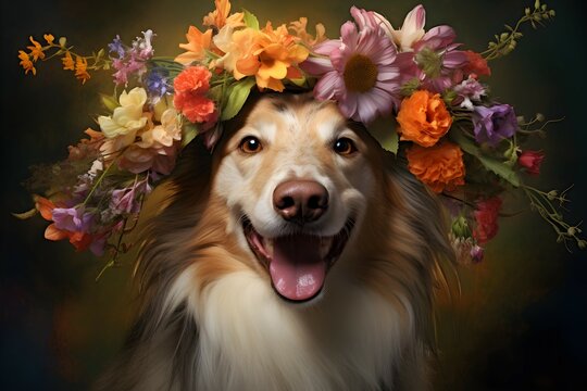Dog wearing a flower crown, realistic image.