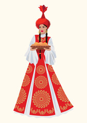 Vector illustration. A beautiful young woman in a Kazakh national costume with a plate on a background of ornaments and traditional Kazakh symbols