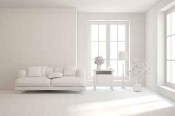 Fototapeta premium White living room with sofa and summer landscape in window. Scandinavian interior design. 3D illustration
