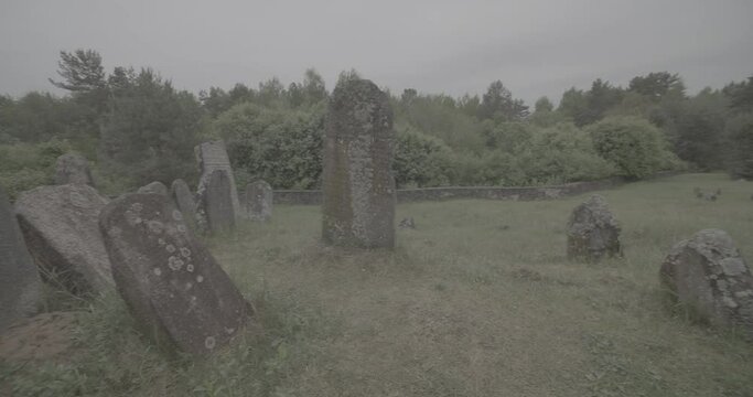 Old ancient Jewish cemetery in summer spring day. Druya, Belarus. green grass and many ancient stones. Headstone Headstones Tombstones jewish grave, clog2, clog, canon c70 c log 2.