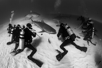 tiger shark and divers, black and white