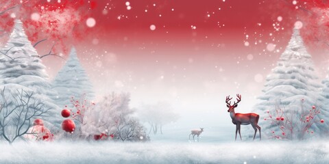 Christmas banner with snowy cartoon winter tale landscape and reindeer on red background. Greeting card or invitation. Copy space.