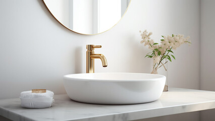 A hotel sink made of white and gold marble, with a clean and elegant feel
