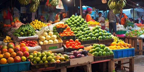 Traditional fruit market, neat arrangement of fruit using wooden boxes