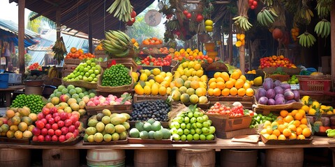 Fototapeta na wymiar Traditional fruit market, neat arrangement of fruit using wooden boxes