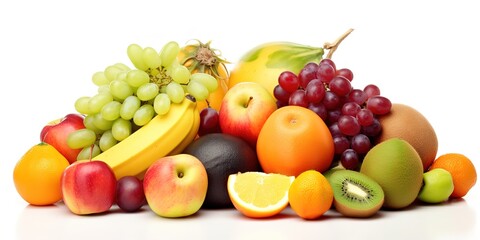 Naklejka na ściany i meble various kinds of fresh fruit, grapes, bananas, pineapples, apples etc., on a white background