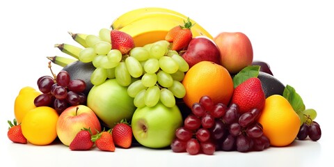 Naklejka na ściany i meble various kinds of fresh fruit, grapes, bananas, pineapples, apples etc., on a white background