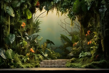 Fototapeta na wymiar 3D stage display with lush foliage. Generative AI