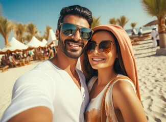 Obraz premium A Happy Couple Posing Together for a Photo at the Beach. Fictional characters created by Generated AI.