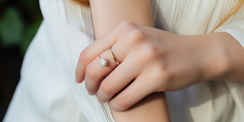 Fototapeta na wymiar girl's hand wearing a gold diamond ring