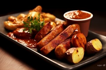Delicious currywurst - grilled sausage with curry powder and accompaniments. Generative AI - obrazy, fototapety, plakaty