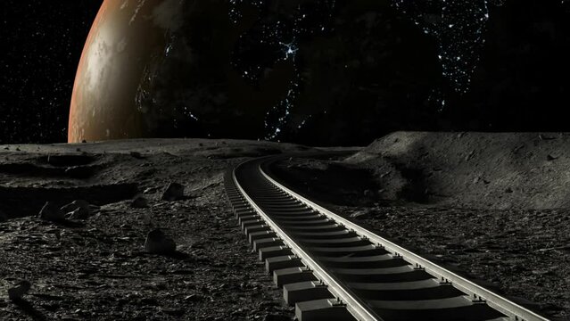 A seemingly endless set of railway tracks stretches across a barren lunar or alien terrain, leading towards a breathtaking view of a nearby planet or Earth, illuminated by city lights. 3D animation.