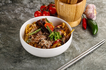 Asian wok with noodle, vegetables and beef