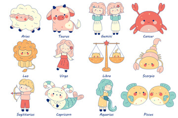 Set of kawaii zodiac signs on isolated on a  white background. Astrological horoscope. Cute chibi baby and animals. Stock vector illustration.