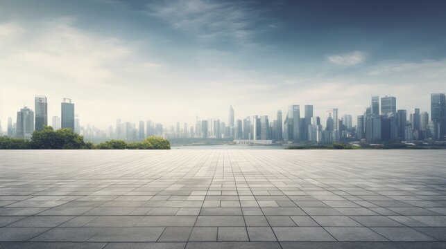 Fototapeta Empty square floor and city skyline with building background