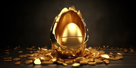 a broken golden egg inside there is a golden egg on a black background