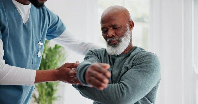 Elderly man, physiotherapy and stretching arm with home workout support or fitness for physical therapy or healthcare. Medical nurse, doctor or orthopedic help senior patient, muscle health and pain