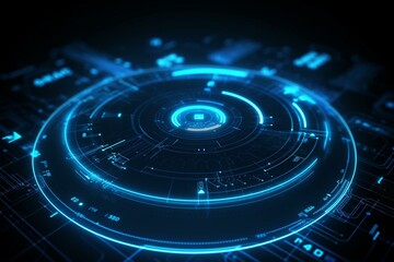 Blue hologram HUD circle interfaces. Digital data network protection, future technology network concept. Excellent for any kind of hi-tec, science, technology or futuristic concept. Generative AI