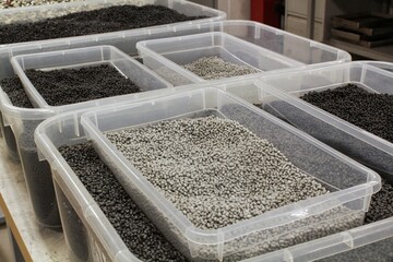 Gray dyed polymer resins in laboratory. Plastic grain granules. Compound extrusion from recycled...
