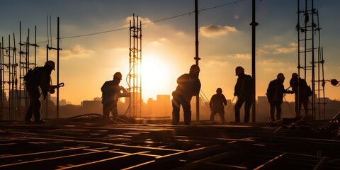 AI Generated. AI Generative. Silhouette of construction workers at high building work at sunset time day. Graphic Art