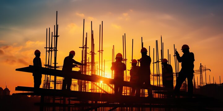 AI Generated. AI Generative. Silhouette of construction workers at high building work at sunset time day. Graphic Art