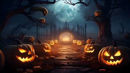 Spooky Halloween Pumpkin Night Sky background  Spooky Moonlit Halloween Pumpkin Night Sky Artwork AI Generative 