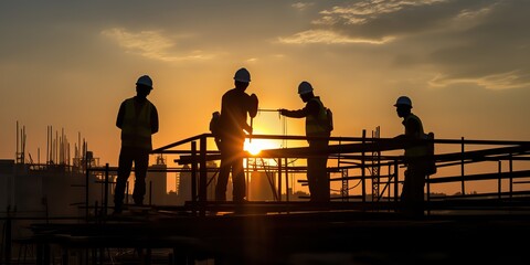 Fototapeta na wymiar AI Generated. AI Generative. Silhouette of construction workers at high building work at sunset time day. Real estate agency cunstruction promotion