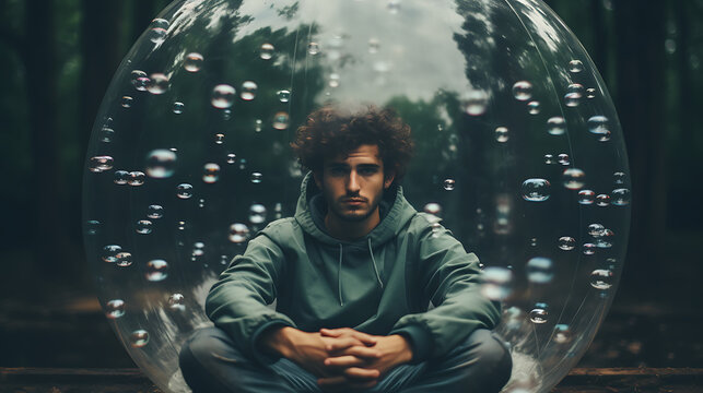 Man Inside a Bubble Representing Social Anxiety