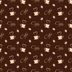 The vector seamless pattern with coffee cups and beans