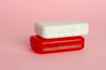 Red Soap Bar Isolated, Body Care Cosmetic, Fruit Soapy Detergent, Solid Shampoo, Glycerin Soap