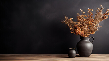 Matte black wallpaper with dried flowers in a vase on a wooden table - obrazy, fototapety, plakaty