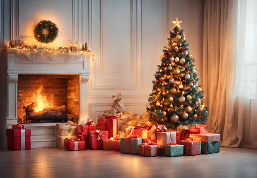 Merry Christmas with Fireplace, 
Winter Wonderland Home, 
Cozy Fireside Christmas, 
Seasonal Fireplace Decoration