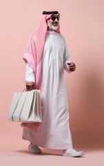 A man in a pink headscarf holding shopping bags. Fictional characters created by Generated AI.