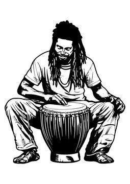 Vector black musician jembe playaer  in shadow of sharp lines style	
