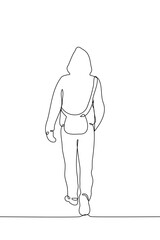 full length male figure walks with his back to the viewer - one line art vector. concept unknown, stranger in hoodie with shoulder bag, walking