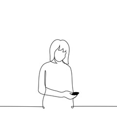 woman standing holding phone - one line art vector. concept of receiving a call, using the phone