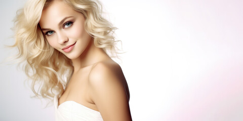 Beautiful blonde woman on light background with copy space for text