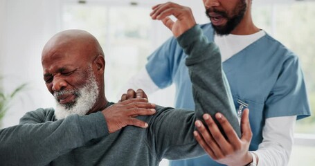 Elderly man, physiotherapy and shoulder pain, stretching support and helping in physical therapy and healthcare. Medical nurse, doctor or rehabilitation for senior patient muscle health and service