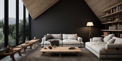 Fototapeta na wymiar Attic living room with minimalist white sofa, simple and elegant