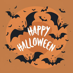 Halloween banner with black bats on the orange background. Illustration with text.