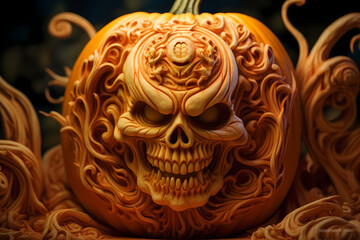 close up and focused shot of a pumpkin carved in different styles, halloween. Generative AI