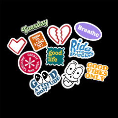 Sticker set Cute vector template decorated with cartoon image and aesthetic quotes graphic design